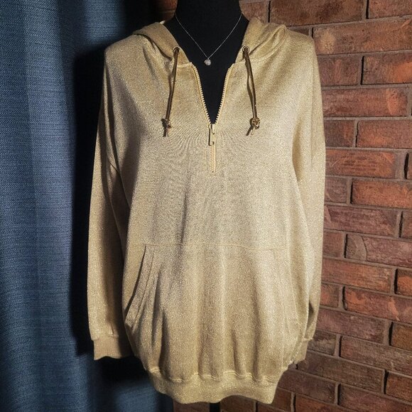 Bob Mackie Women's Gold Shimmer 1/4 Zip Hooded Sweatshirt - Size M - Picture 1 of 14